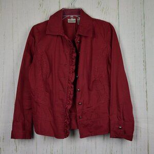 Chico's Jacket  100% Cotton Ruffle Front Buttons Embroidery Size 0